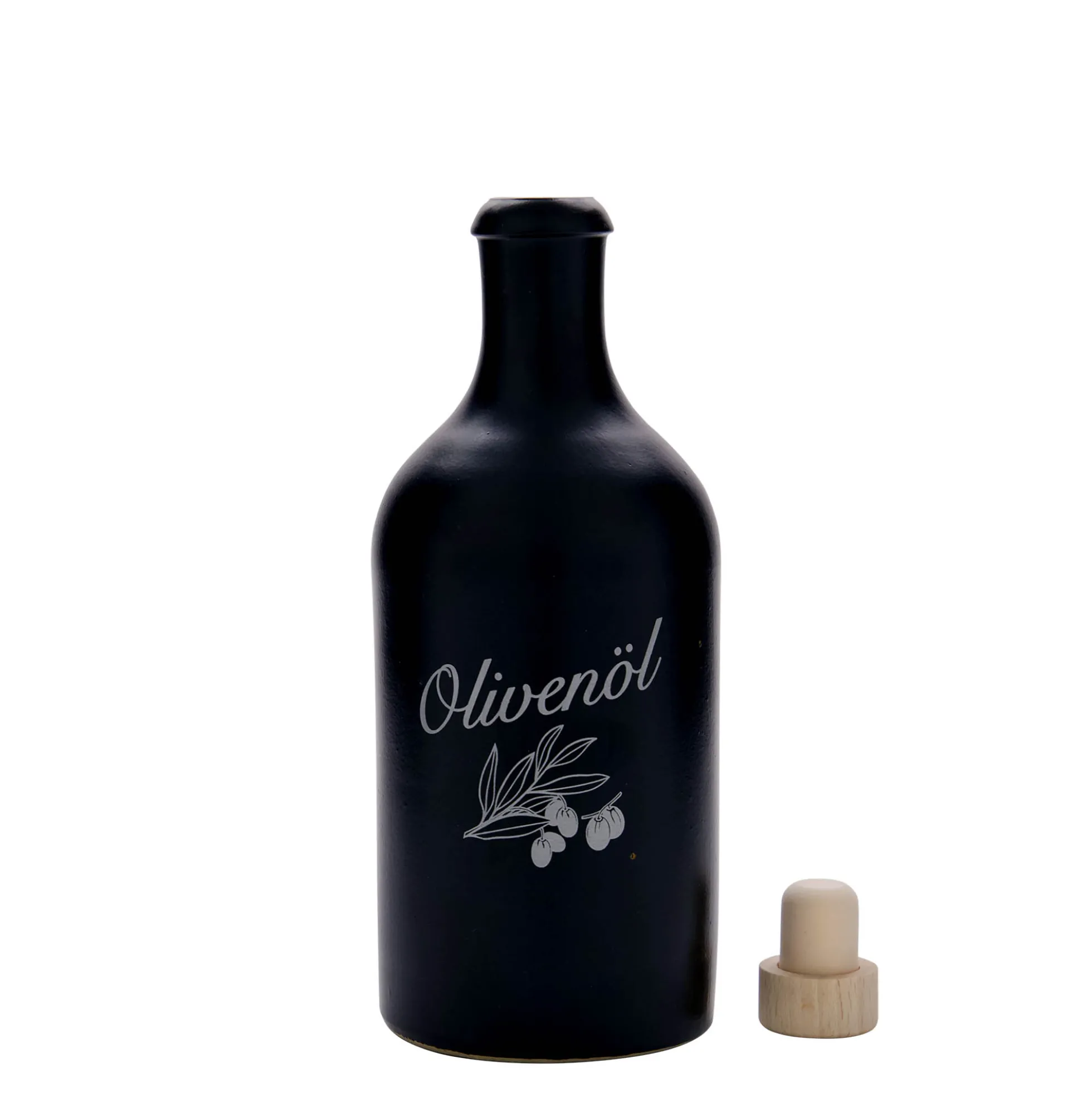 Boccale in terracotta da 500 ml, motivo: olio d'oliva, gres, nero, bocca: sughero