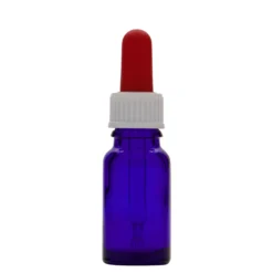 Bottiglia con contagocce da 10 ml, medicina, vetro, blu reale-rosso, bocca: DIN 18