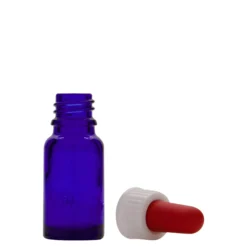 Bottiglia con contagocce da 10 ml, medicina, vetro, blu reale-rosso, bocca: DIN 18