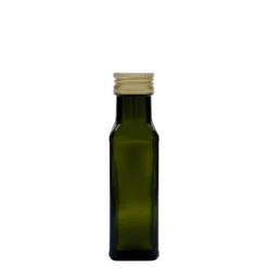 Bottiglia di vetro da 100 ml 'Marasca', quadrata, verde antico, bocca: PP 31,5