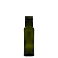 Bottiglia di vetro da 100 ml 'Marasca', quadrata, verde antico, bocca: PP 31,5