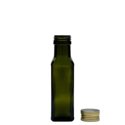 Bottiglia di vetro da 100 ml 'Marasca', quadrata, verde antico, bocca: PP 31,5