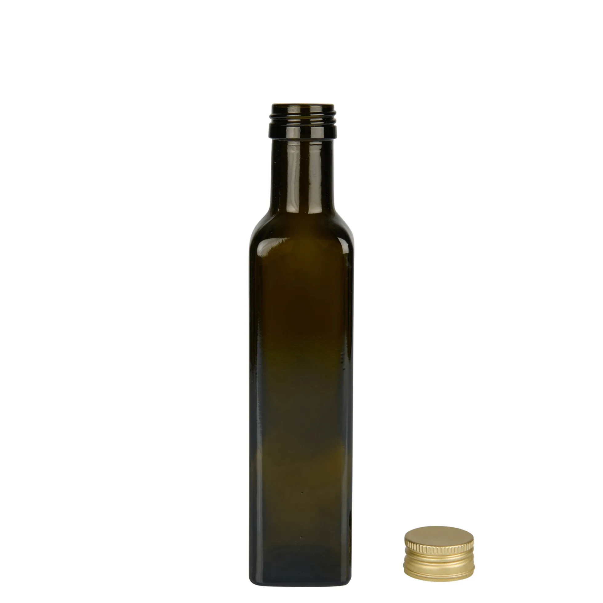 Bottiglia di vetro da 250 ml 'Marasca', quadrata, verde antico, bocca: PP 31,5