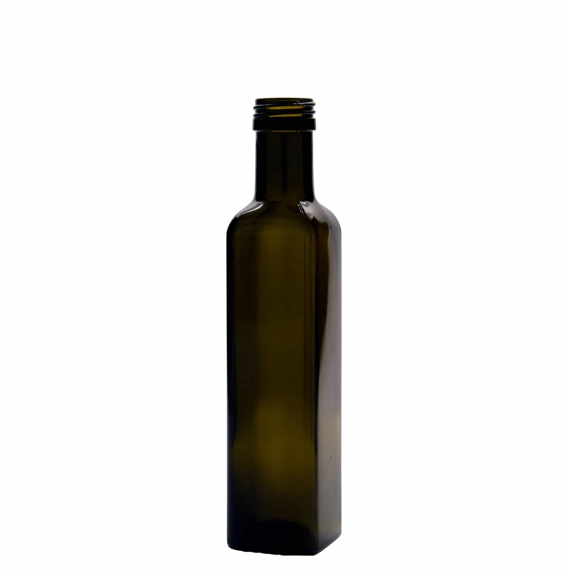 Bottiglia di vetro da 250 ml 'Marasca', quadrata, verde antico, bocca: PP 31,5