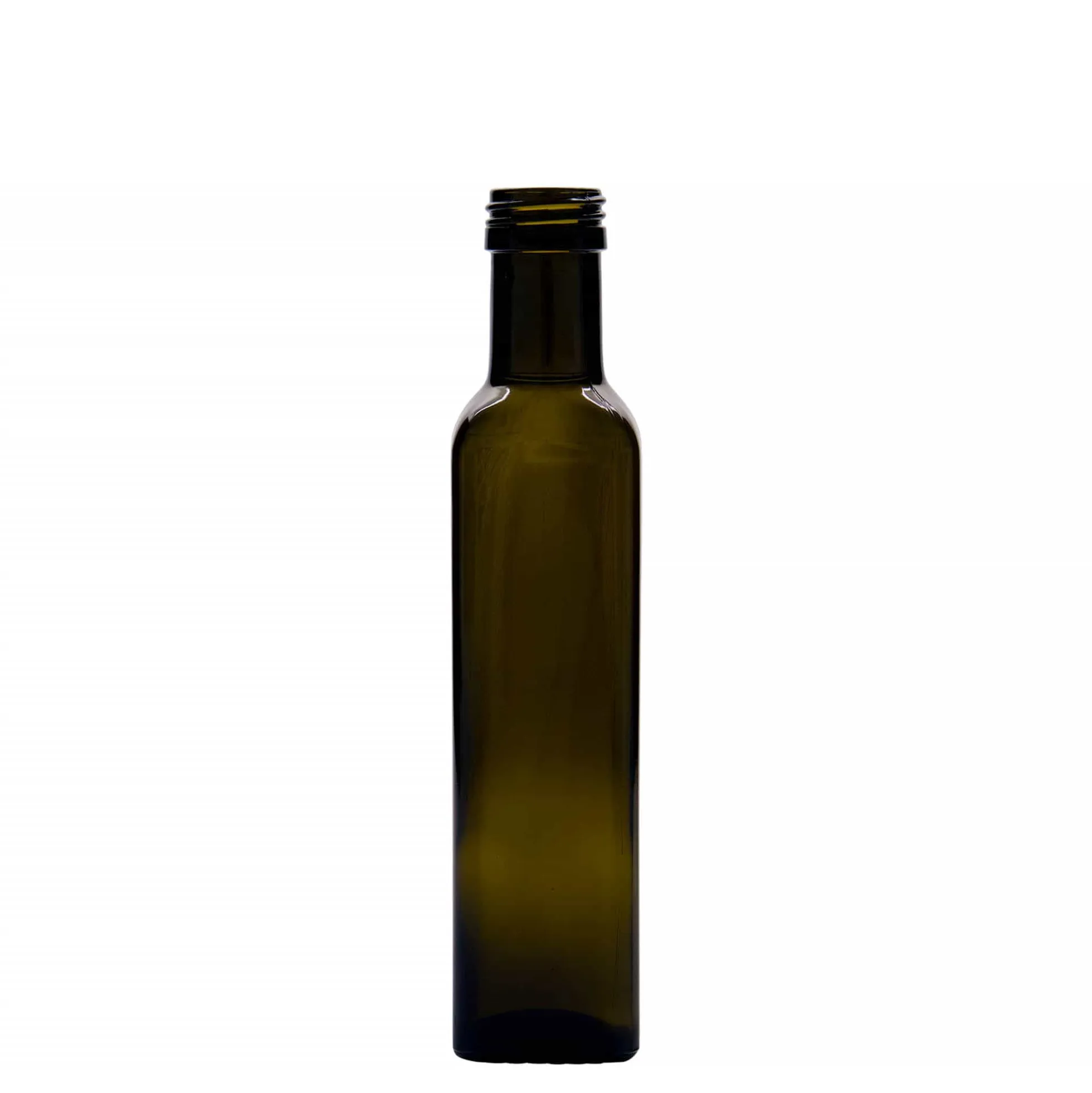 Bottiglia di vetro da 250 ml 'Marasca', quadrata, verde antico, bocca: PP 31,5