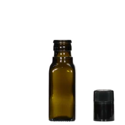 Bottiglia per aceto/olio da 100 ml 'Quadra', vetro, quadrata, verde antico, bocca: DOP