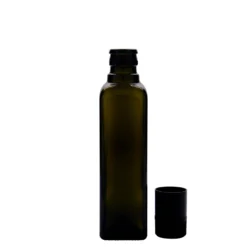 Bottiglia per aceto/olio da 250 ml 'Quadra', vetro, quadrata, verde antico, bocca: DOP