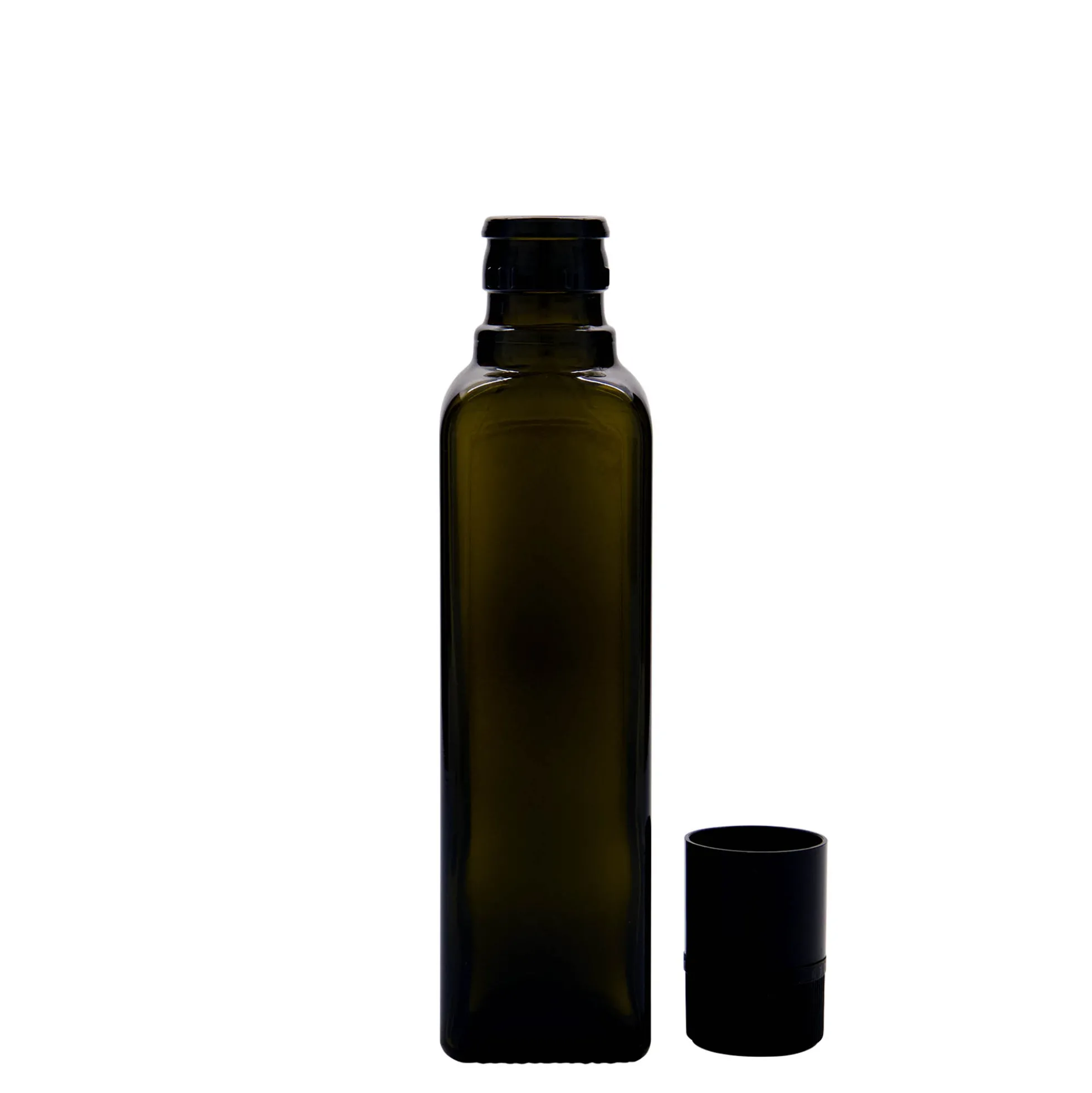 Bottiglia per aceto/olio da 250 ml 'Quadra', vetro, quadrata, verde antico, bocca: DOP