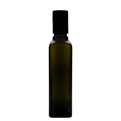 Bottiglia per aceto/olio da 250 ml 'Quadra', vetro, quadrata, verde antico, bocca: DOP