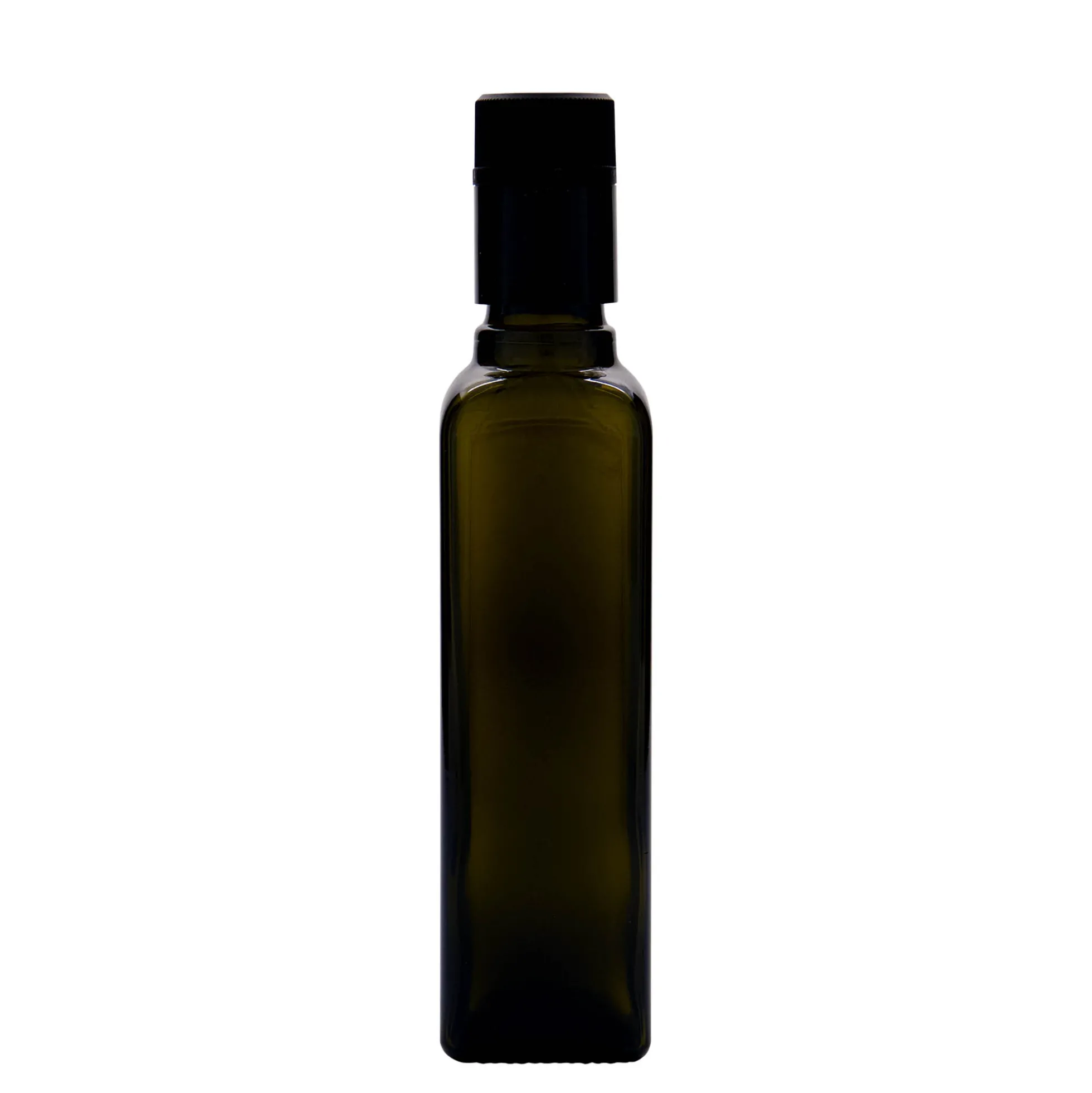 Bottiglia per aceto/olio da 250 ml 'Quadra', vetro, quadrata, verde antico, bocca: DOP