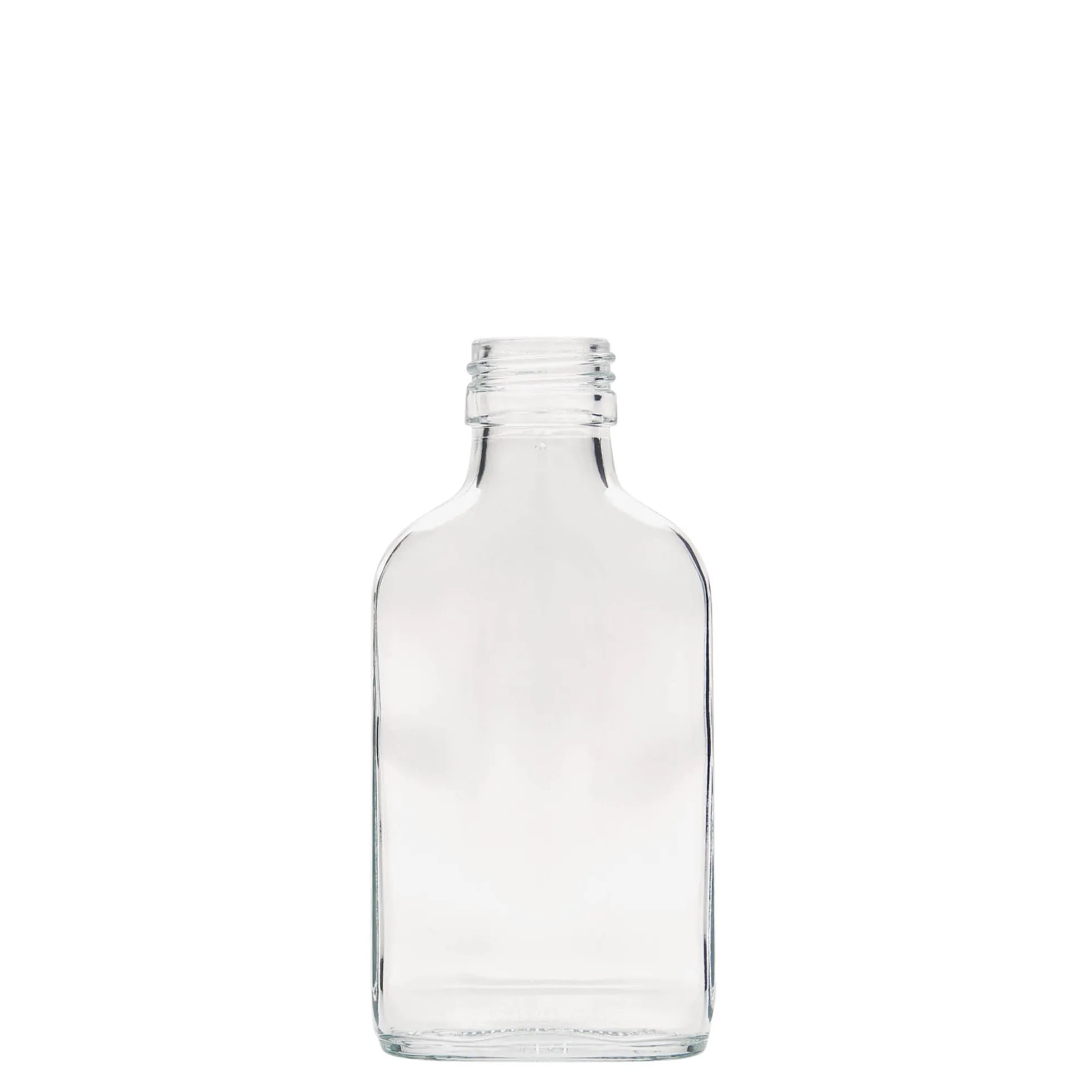 Bottiglia tascabile 100 ml, rettangolare, vetro, bocca: PP 28