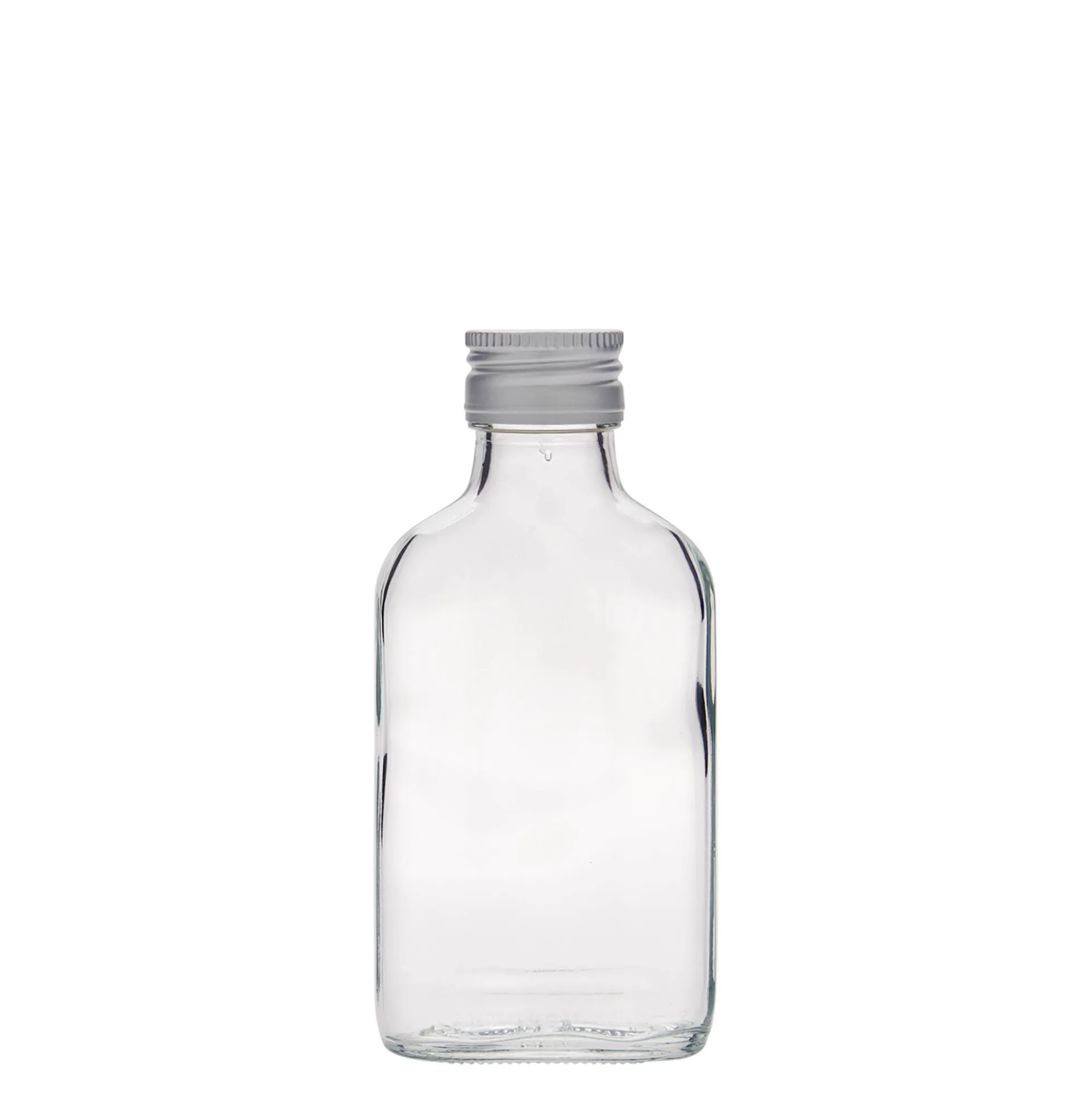 Bottiglia tascabile 100 ml, rettangolare, vetro, bocca: PP 28