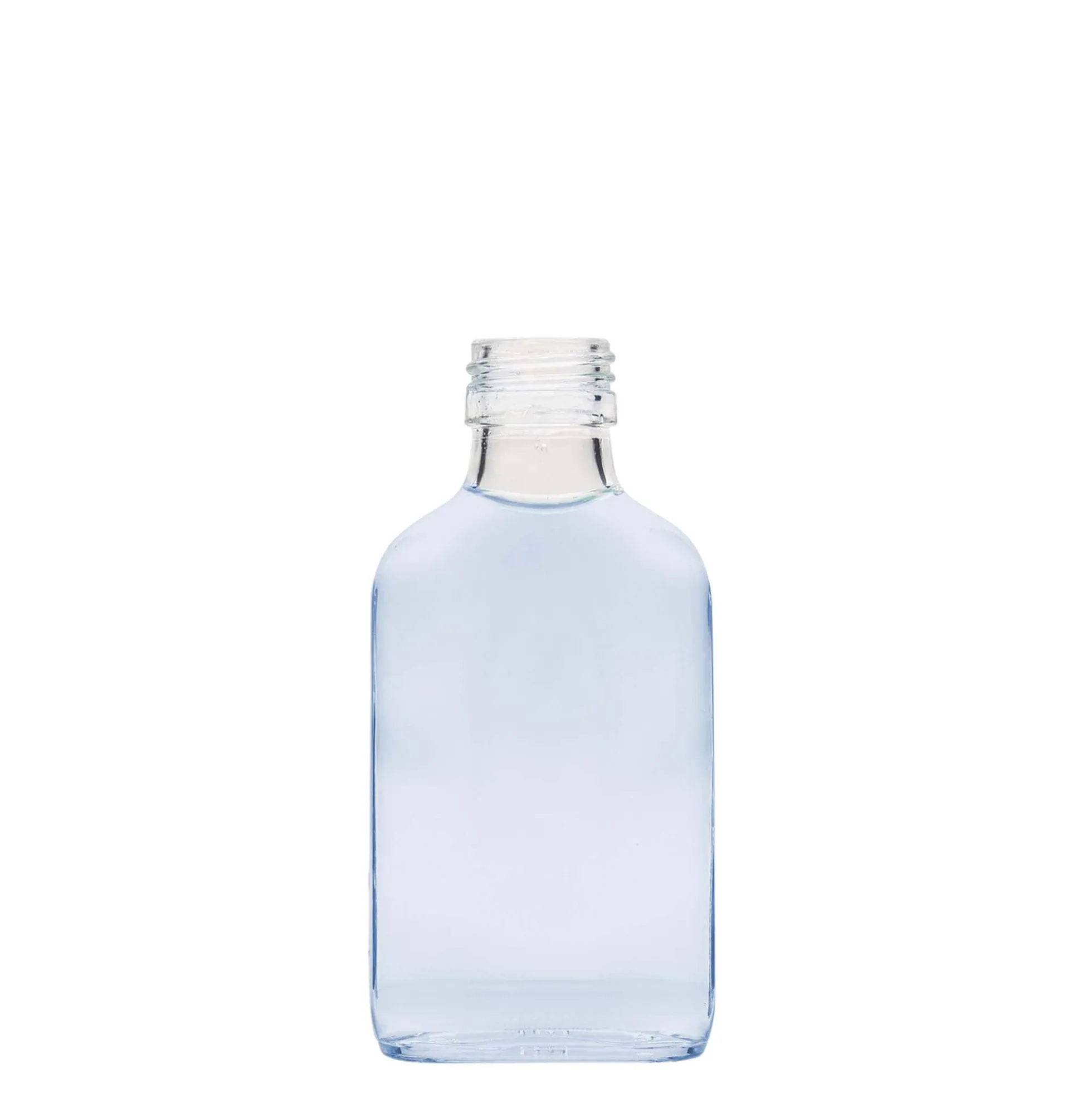 Bottiglia tascabile 100 ml, rettangolare, vetro, bocca: PP 28