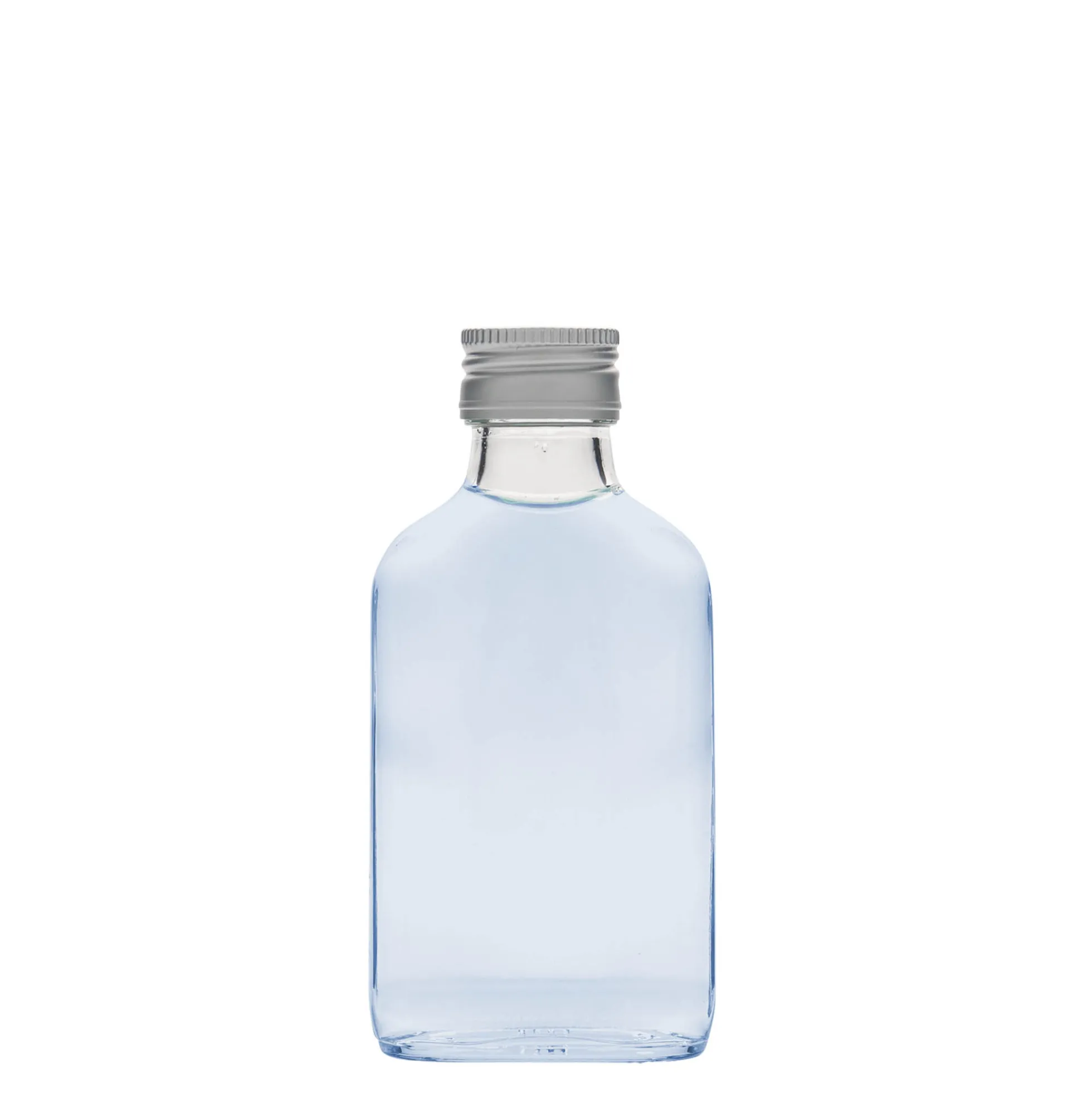 Bottiglia tascabile 100 ml, rettangolare, vetro, bocca: PP 28