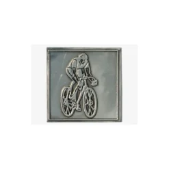 Etichetta in stagno 'Ciclista', quadrata, metallo, argento