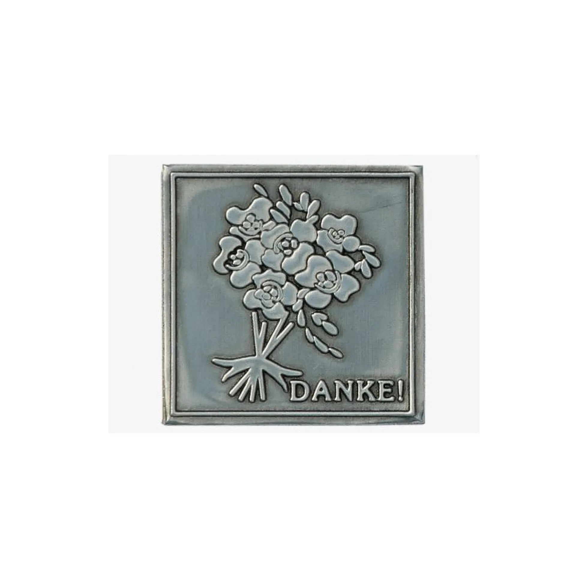 Etichetta in stagno 'Danke', quadrata, metallo, argento