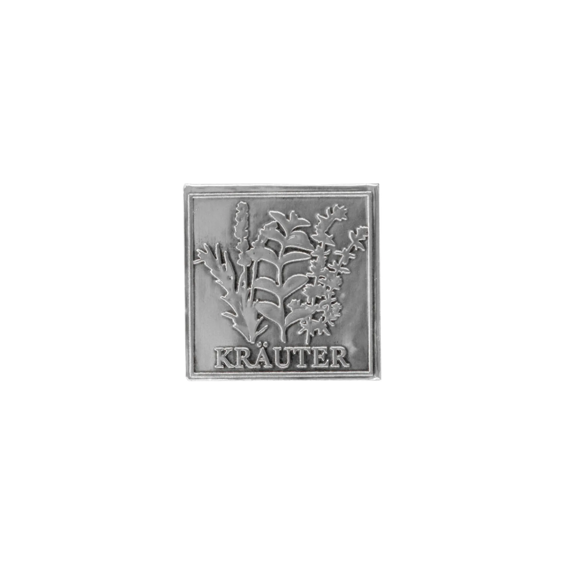 Etichetta in stagno 'Erbe', quadrata, metallo, argento