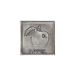 Etichetta in stagno 'Mela', quadrata, metallo, argento