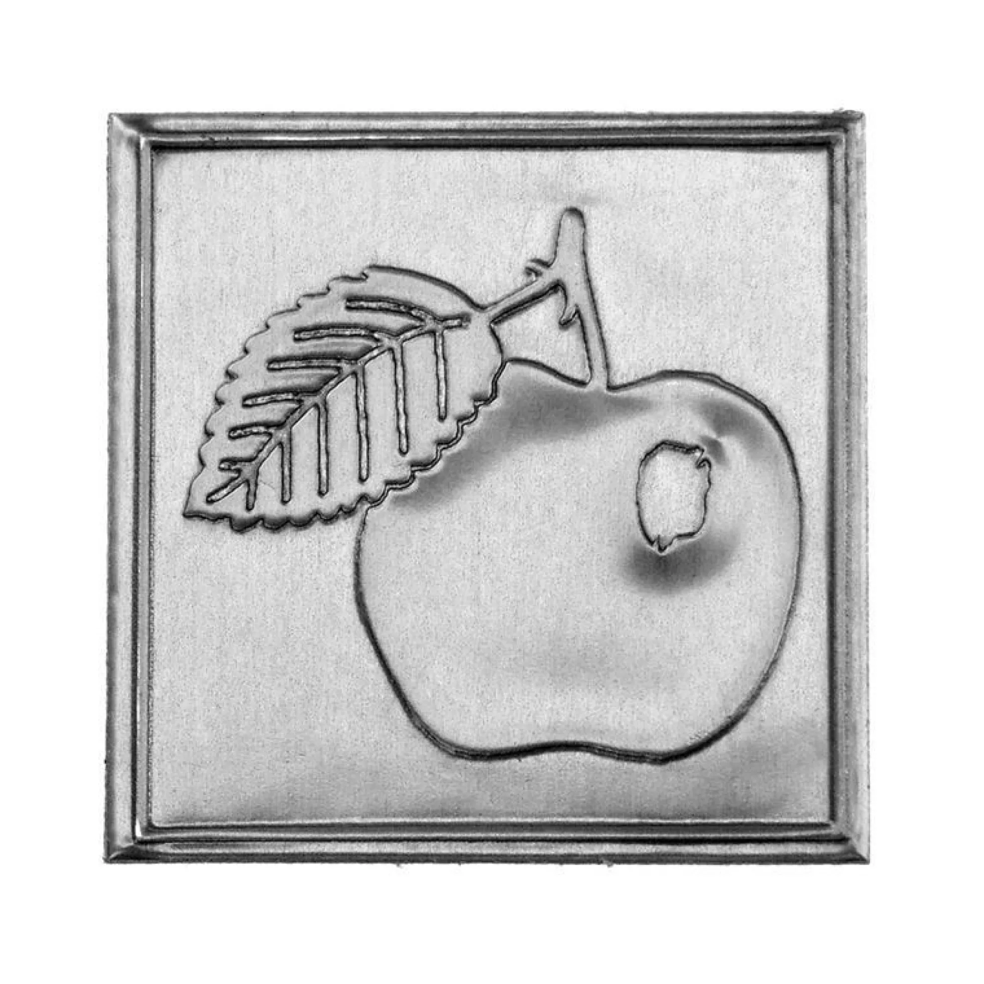 Etichetta in stagno 'Mela', quadrata, metallo, argento