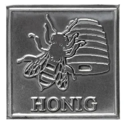 Etichetta in stagno 'Miele', quadrata, metallo, argento