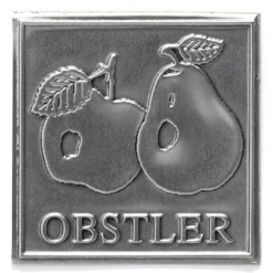 Etichetta in stagno 'Obstler', quadrata, metallo, argento