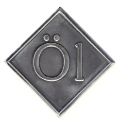 Etichetta in stagno 'Olio', quadrata, metallo, argento