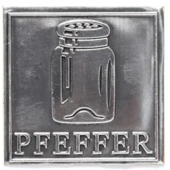 Etichetta in stagno 'Pepe', quadrata, metallo, argento