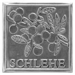 Etichetta in stagno 'Prugnolo', quadrata, metallo, argento