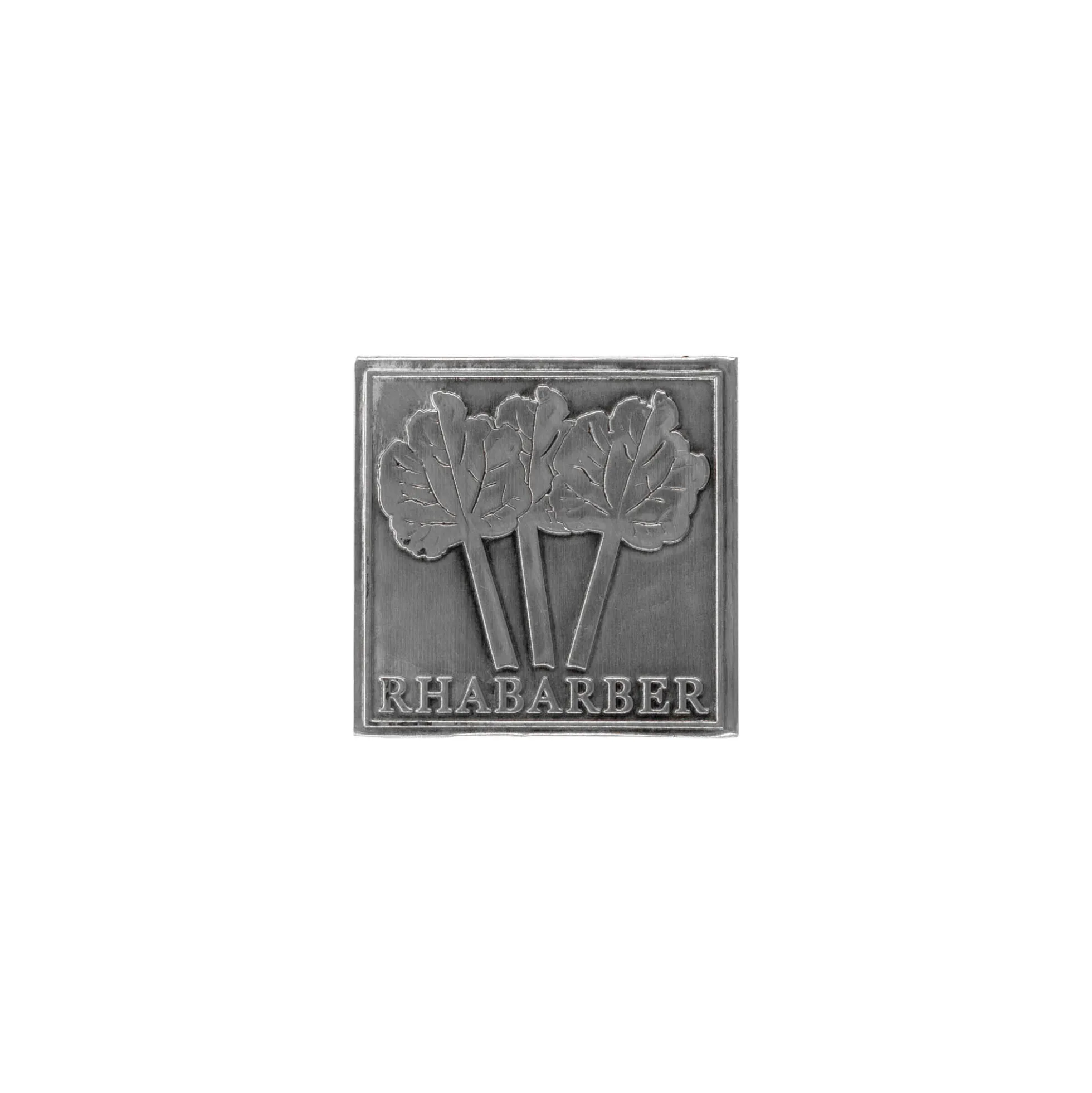 Etichetta in stagno 'Rabarbaro', quadrata, metallo, argento