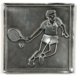 Etichetta in stagno 'Tennis', quadrata, metallo, argento