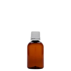 50 ml bottiglia medica in PET 'Easy Living', marrone, plastica, bocca: DIN 18