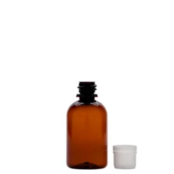 50 ml bottiglia medica in PET 'Easy Living', marrone, plastica, bocca: DIN 18
