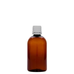 100 ml bottiglia medica in PET 'Easy Living', marrone, plastica, bocca: DIN 18