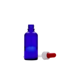 50 ml Flacone con contagocce medicina, vetro, blu reale-rosso, bocca: DIN 18