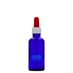 50 ml Flacone con contagocce medicina, vetro, blu reale-rosso, bocca: DIN 18