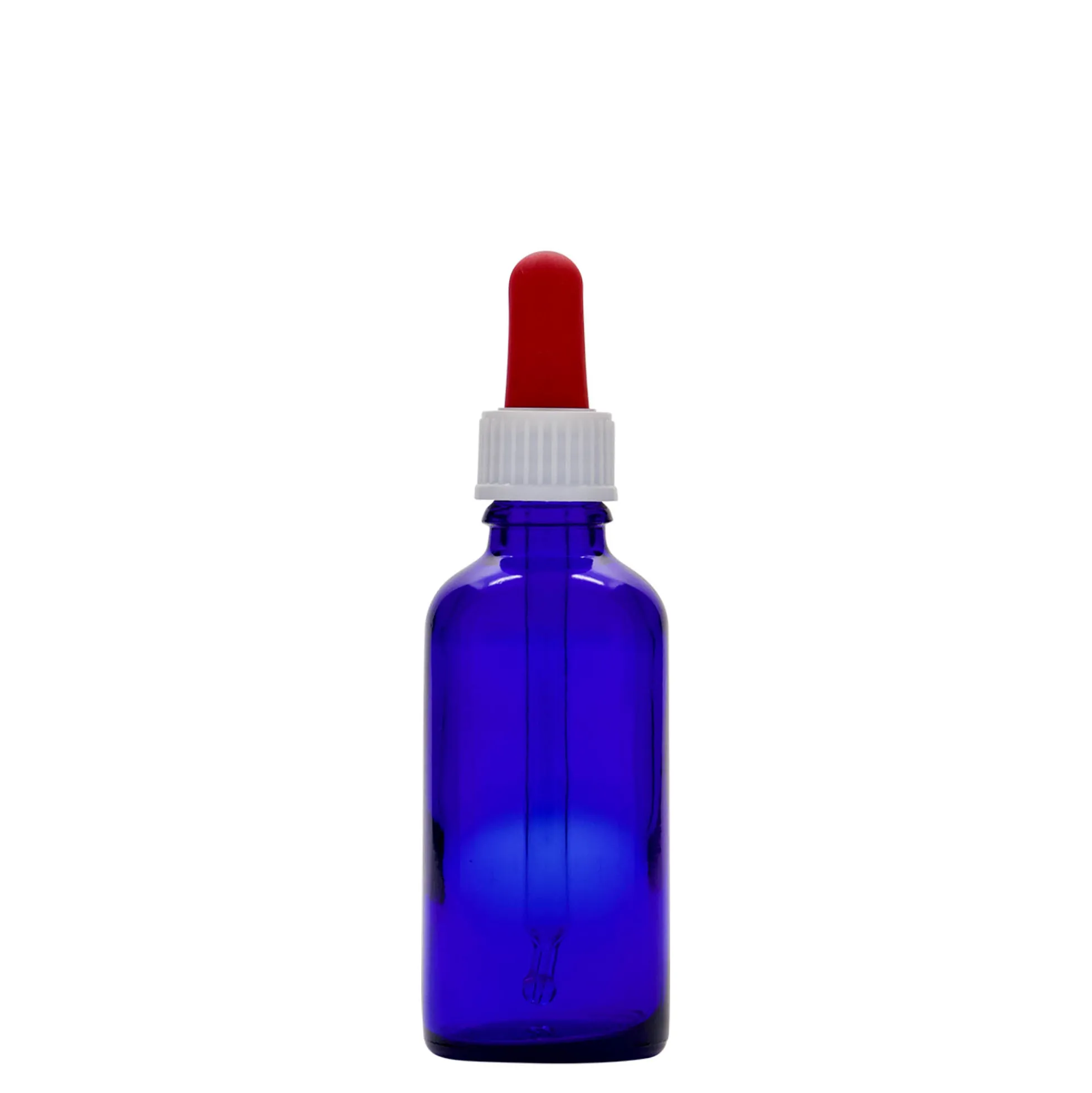 50 ml Flacone con contagocce medicina, vetro, blu reale-rosso, bocca: DIN 18