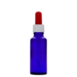 30 ml Flacone con contagocce medicina, vetro, blu reale-rosso, bocca: DIN 18