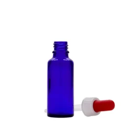 30 ml Flacone con contagocce medicina, vetro, blu reale-rosso, bocca: DIN 18