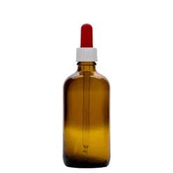 100 ml flacone con contagocce medicina, vetro, marrone-rosso, bocca: DIN 18