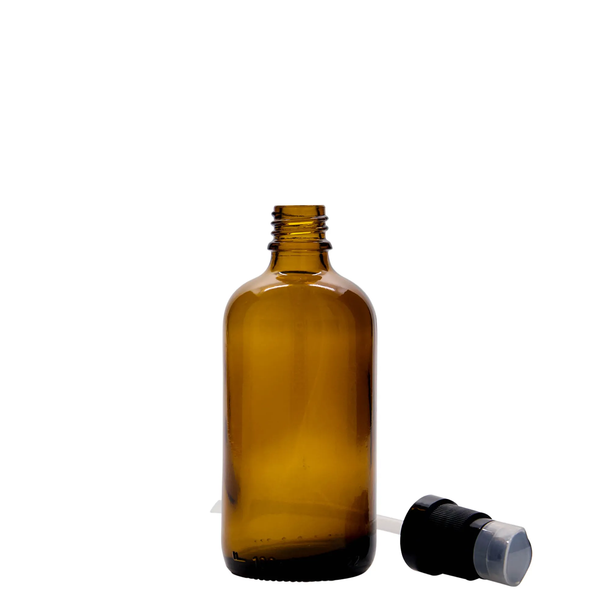 100 ml flacone medico con pompa per lozione, vetro, marrone, bocca: DIN 18