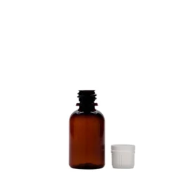 30 ml flacone medico in PET 'Easy Living', marrone, plastica, bocca: DIN 18